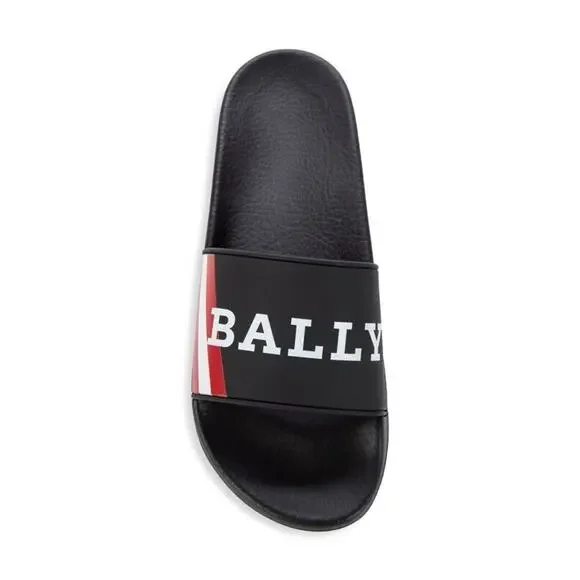 NIB BALLY SIMON BLACK RUBBER RED WHITE WEB LOGO SANDALS POOL SLIDES 9 D ITALY